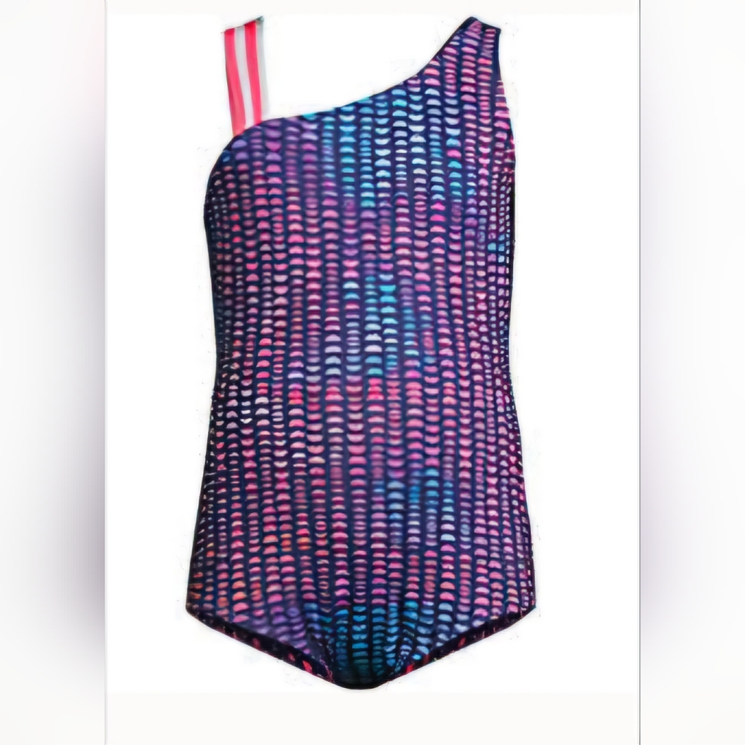 Lands End Girls One Piece Swimsuit Large 12 Plus Navy Pink Geo Asymmetric